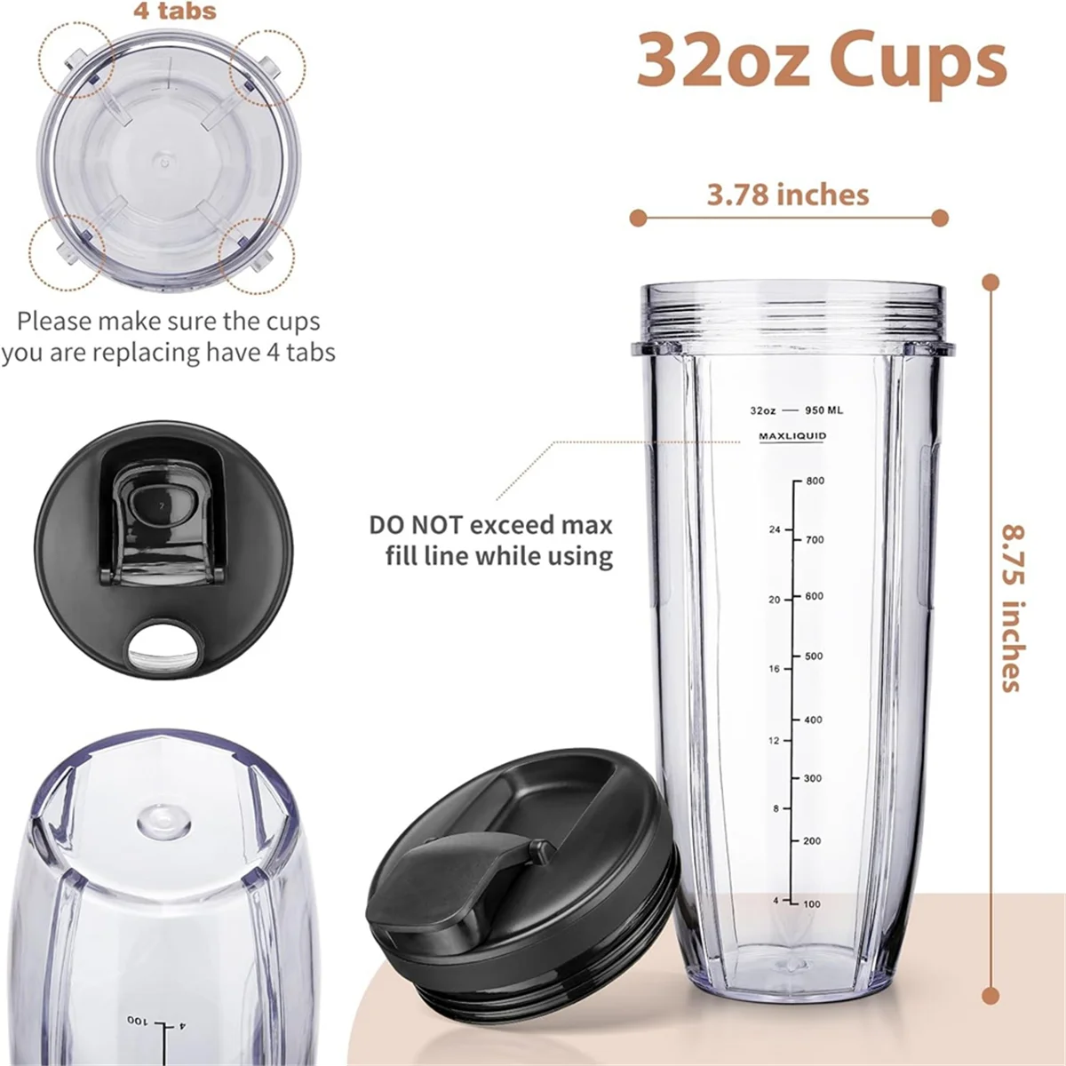 For Ninja Blender Cups Replacement 32 Oz Cups Kit with Seal Lids BL450 BL480 BL486 BL487 BL492 BL494 BL642