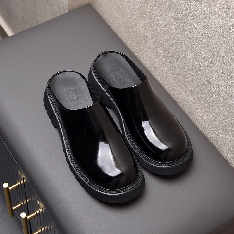 Real Patent Leather Mens Half Slippers Luxury Genuine Leather Handmade Summer Black Party Social Business Shoes Outdoor Sandals