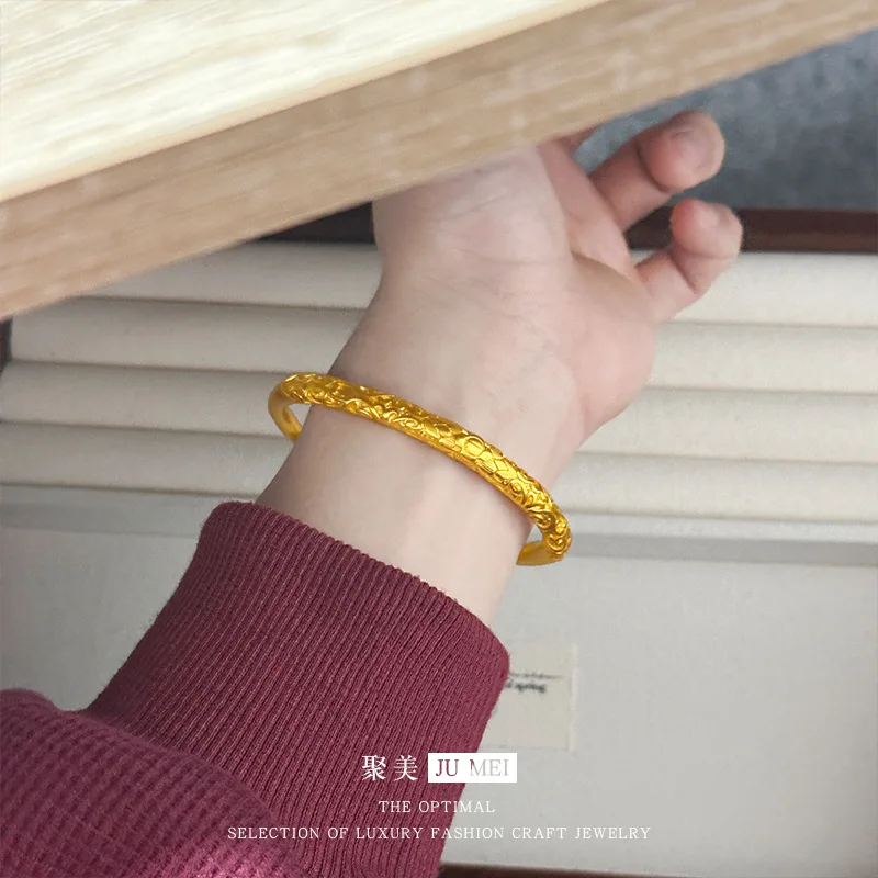 9999 24K  real gold shop same gold ladies' open mouth bracelet with rolled grass pattern pumpkin design beautiful jewelry