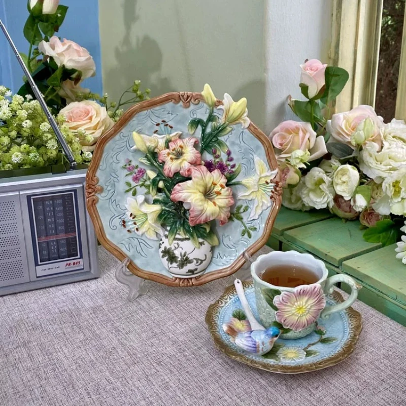 Lily Rose Ceramic Decorative Plate Wall Hanging Ornament TV Cabinet Entrance Decoration Home Art Accessories