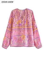 2023 BOHO V neck Flower Print Full Raglan Sleeve Shirt Holiday Women Single-Breasted Button Blouse Loose Beach Cape Tops