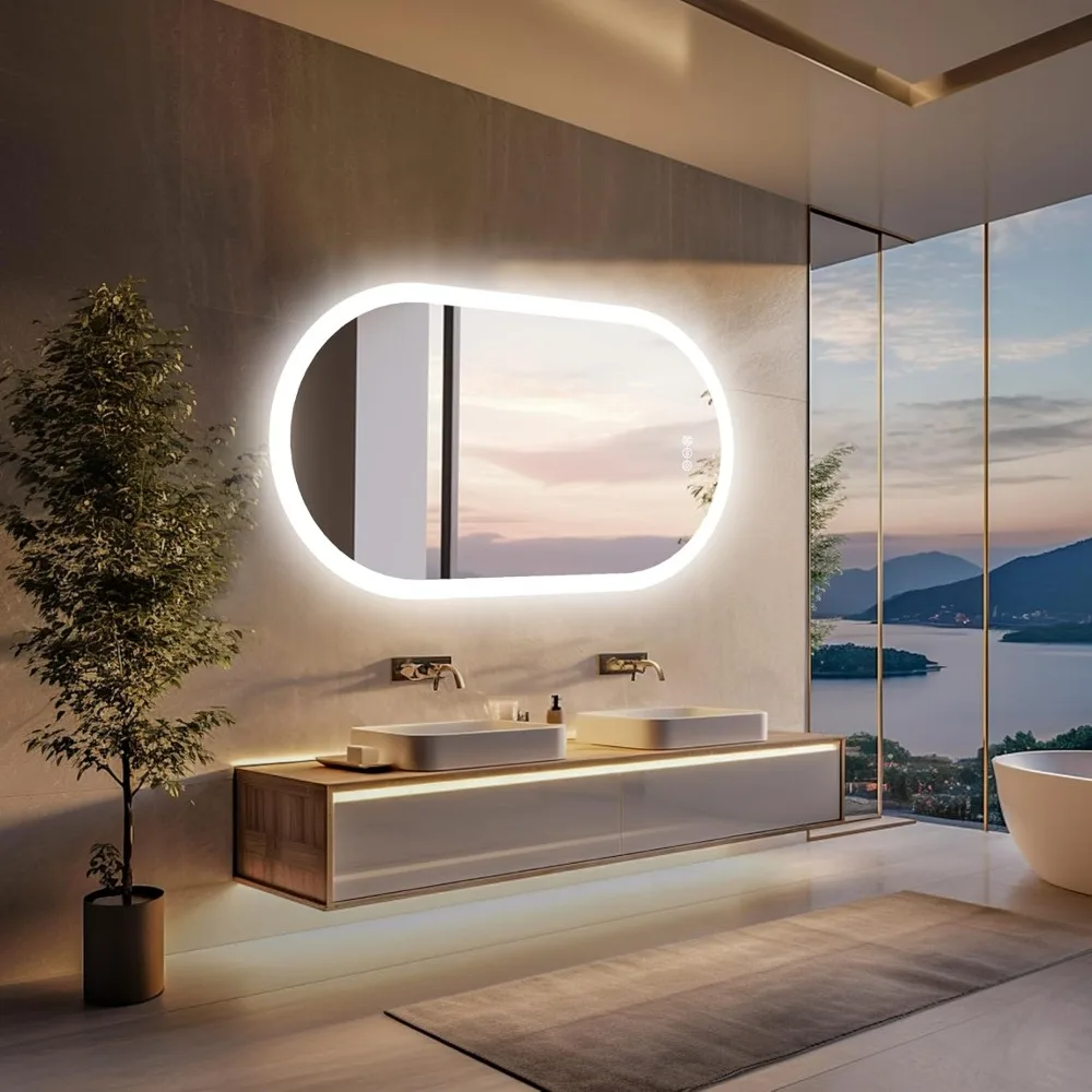 Backlit Smart LED Bathroom Mirror: 48 x 24 Inch Oblong Dimmable 3 Colors Anti-Fog Mirrors with Light Memory - IP65 CRI95 Large