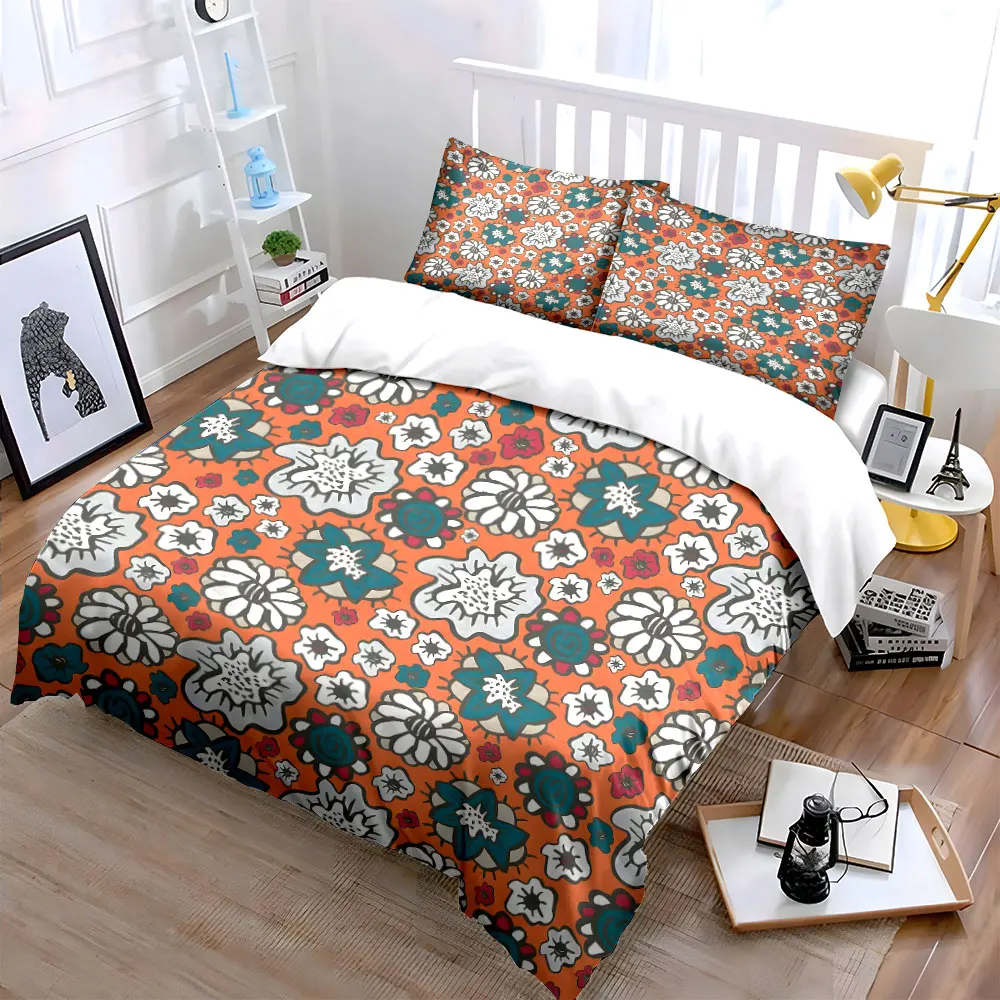 Cartoon floral pattern on orange background Bedding Set for Kids Luxury Gift 3pcs Digital Print Comforter Set Soft Comfortable