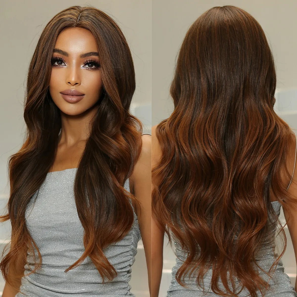

Синтетические парики коричневого цвета с эффектом омбре, средней части для женщин, с волнистыми натуральными волосами для косплея, повседневные термостойкие волосы