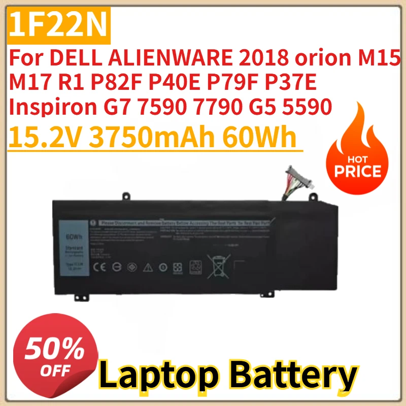 Bateria do laptopa 1F22N 15.2V 3750mAh do DELL ALIENWARE 2018 orion M15 M17 R1 P82F P40E P79F P37E Inspiron G7 7590 7790 G5 5590