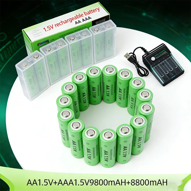 1.5V AA AAA Rechargeable Battery AA9800mAh+AAA8800mAh+Charger for Computer Clock Radio Video Game Digital Camera Green Batteries