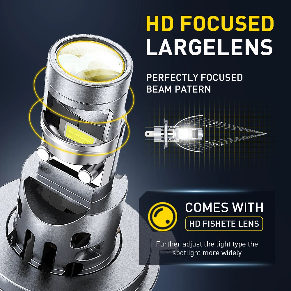 AUXITO 2x H4 LED عدسة بروجيكتور صغيرة 6500K عالية منخفضة شعاع توربو مروحة H7 LED كشافات 12 فولت عالية الطاقة دراجة نارية لمبة التوصيل والتشغيل LHD