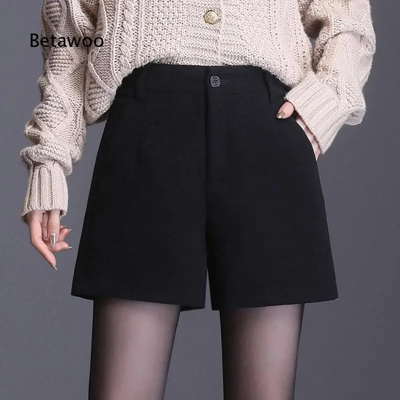 Women Wool Blend Shorts Thick Warm Fabric High Waist Wide Leg A Line Design Casual Bottoms Suitable For Matching With Boots In
