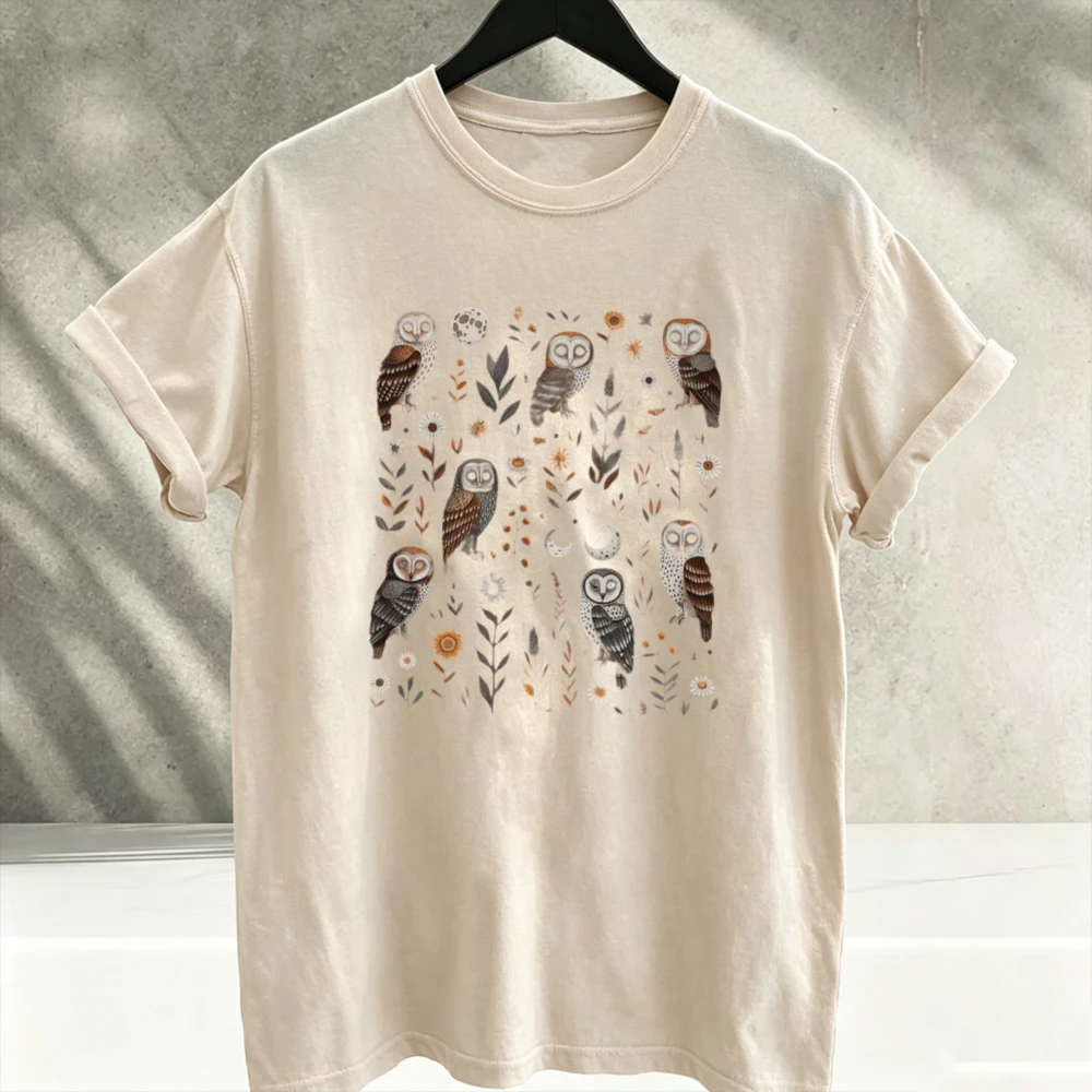 Enchanted Owl T-Shirt Mystical Floral Botanical Short Sleeve Crew Neck Relaxed Fit Goblincore Dark Cottagecore Boho Hippie Tees