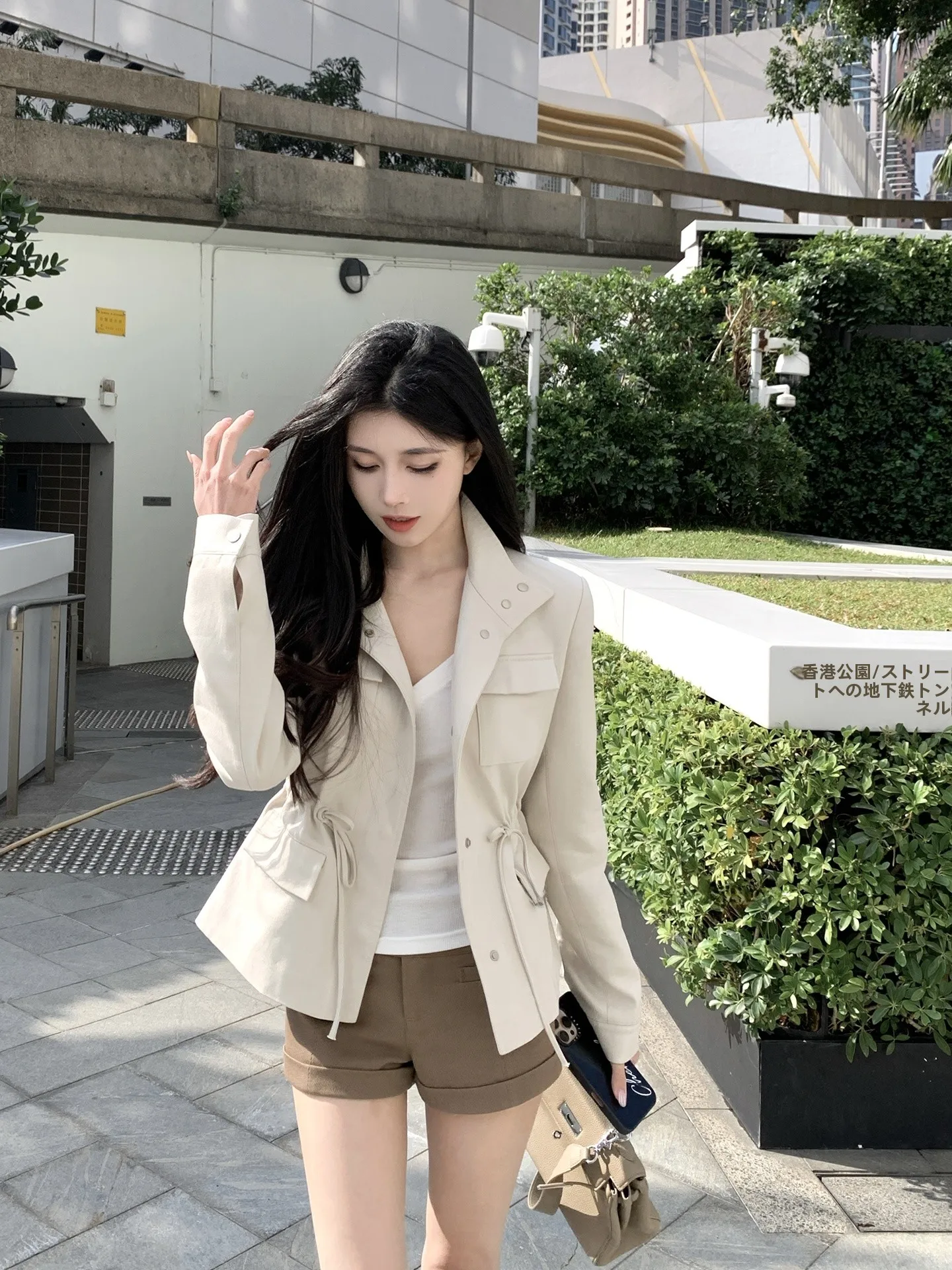 

Khaki Belted Waist Cinched Jacket American Retro Workwear Style Slimming Spring Fashion Top Women's Casual Wear Standard Fit