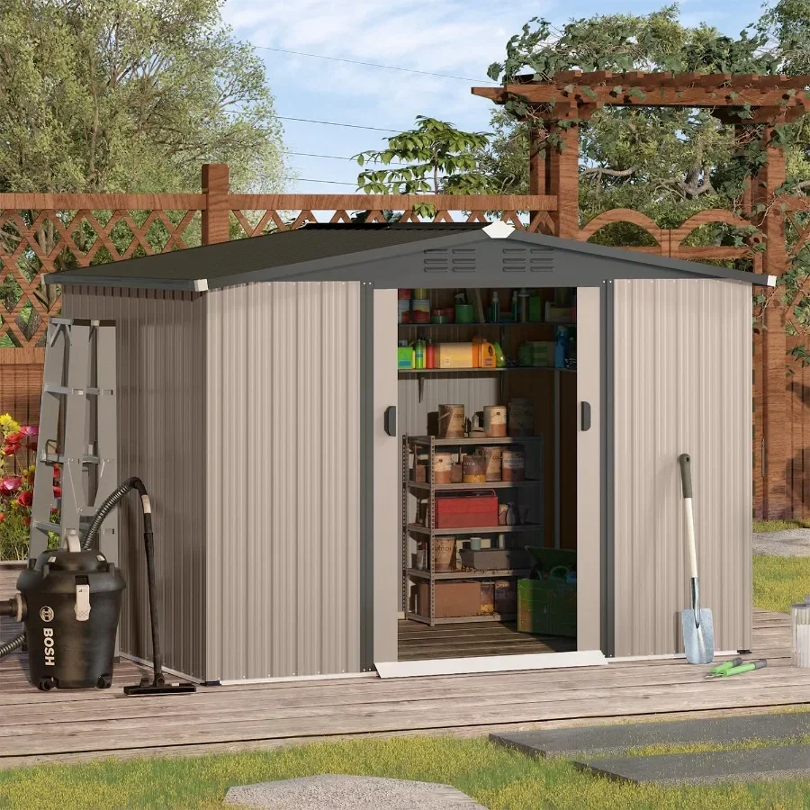 Outdoor Storage Shed for Garden Tools, Galvanized Steel, Gray, 8x6 FT, Sloped Roof and Lockable Double Sliding Doors