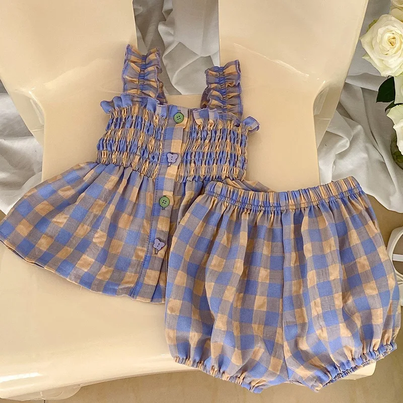 

Summer Girls Suit Korean Style 0-3Yrs Children Clothing Suit Sleeveless Cotton Plaid Vest+Shorts Toddler Baby Girl Clothes Set