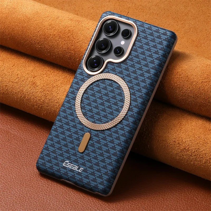 

Business Design Magnetic Charging Pu Leather Mobile Phone Case for Samsung S25Ultra S24Plus Metal Camera Frame Shockproof Cover