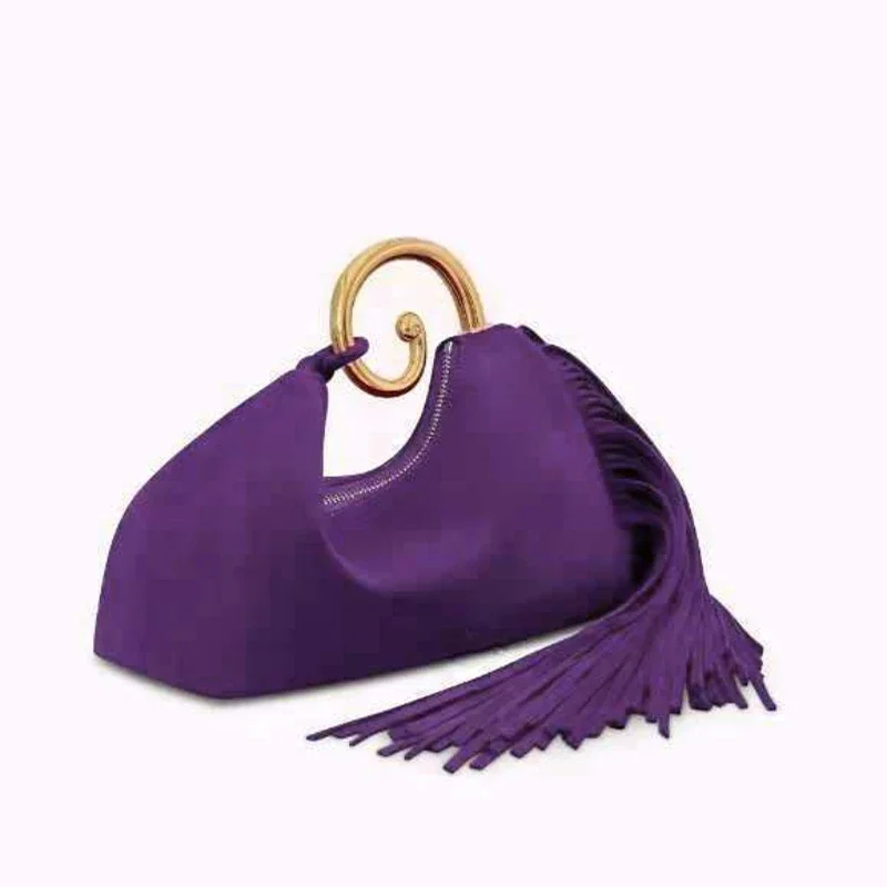 Long Fringe Evening Clutch Purse,Hobos Suede Crescent Shaped Women Elegant Tassel Handbag,Unique Metal Swirl Handle Tote Bag