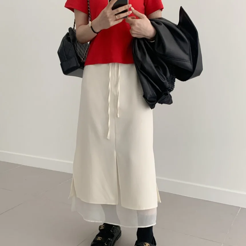 Ele Double Layered Belted Split Midi Skirt for Women Sli Ci Commute Straight Cut Long Skirt Spring New Arrival