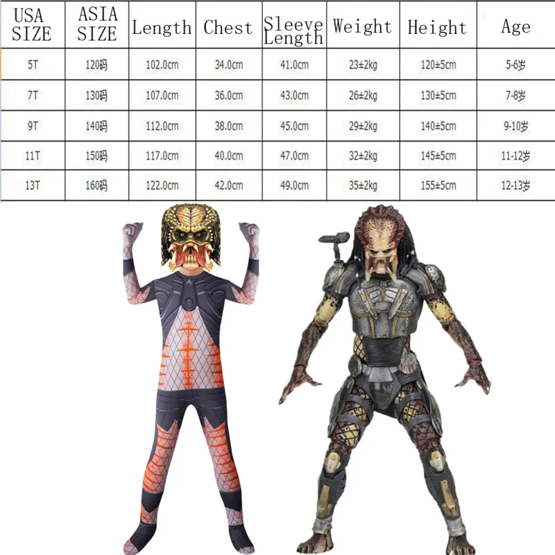 Movie Alien Vs. Predator Cosplay Costume Child Bodysuit Boys Zentai Halloween Predator Cosplay Jumpsuit with Mask Horrible Suit