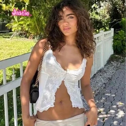 White Lace Satin Sweet Summer Camis Single Breasted V-neck Sexy Tank Tight Club Street Crop Tops Chic Fashion Women Vest