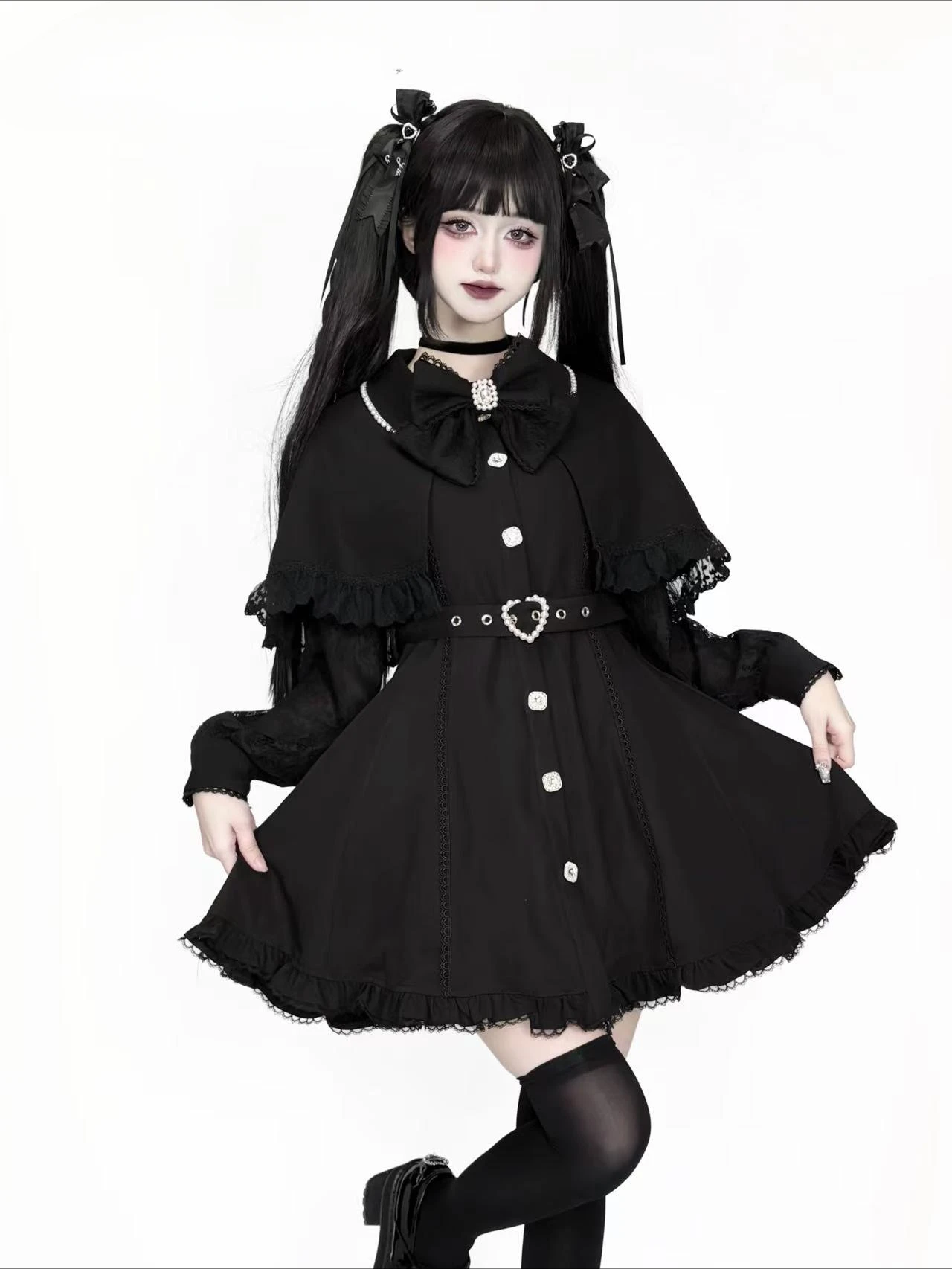 Japanese Mine Mass-produced Striped Lolita Dress Women's Spring and Autumn New 2025 Detachable Cloak Bow Lace Sleeve Belt Dress