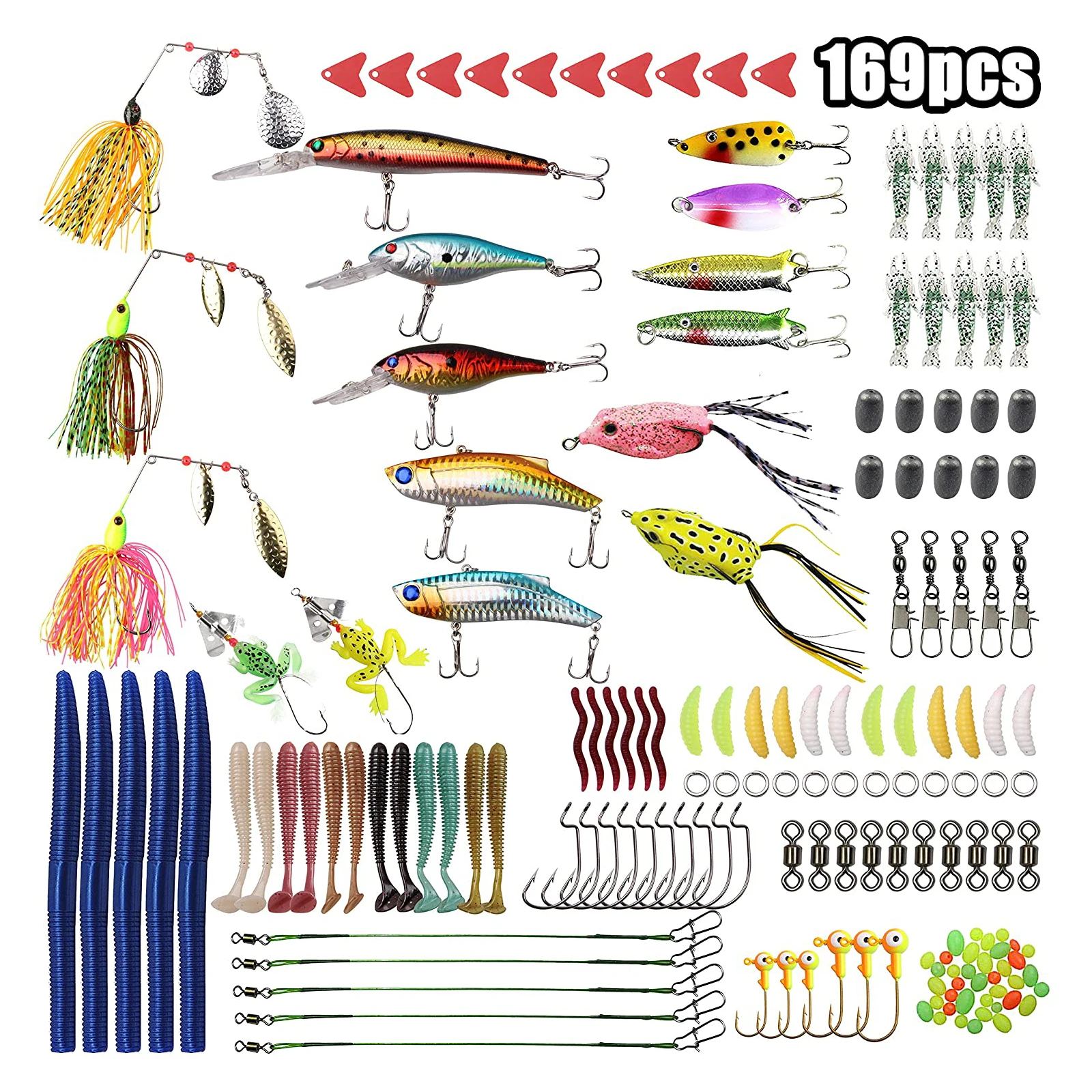 169pcs Saltwater Freshwater Fishing Tackle Kit Bass Fishing Lure Set Including Topwater Lures, Jig Fishing Spoons