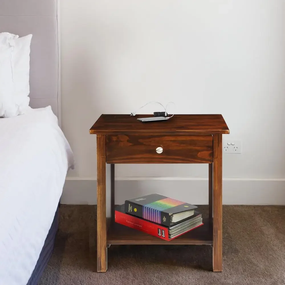 Wood Nightstand USB Charging Station Warm Brown Finish Open Shelf Single Drawer