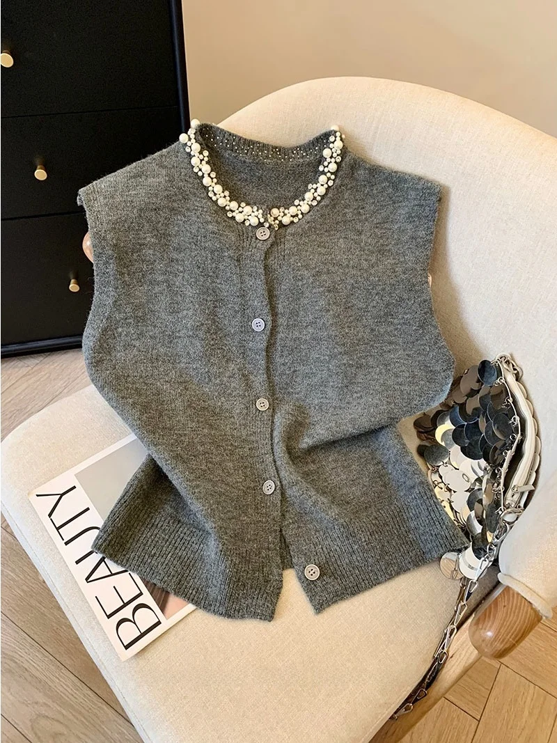 

Женский вязаный кардиган-жилет с жемчугом на осень-зиму, мягкий и уютный, для многослойного образа, длинный, с круглым вырезом