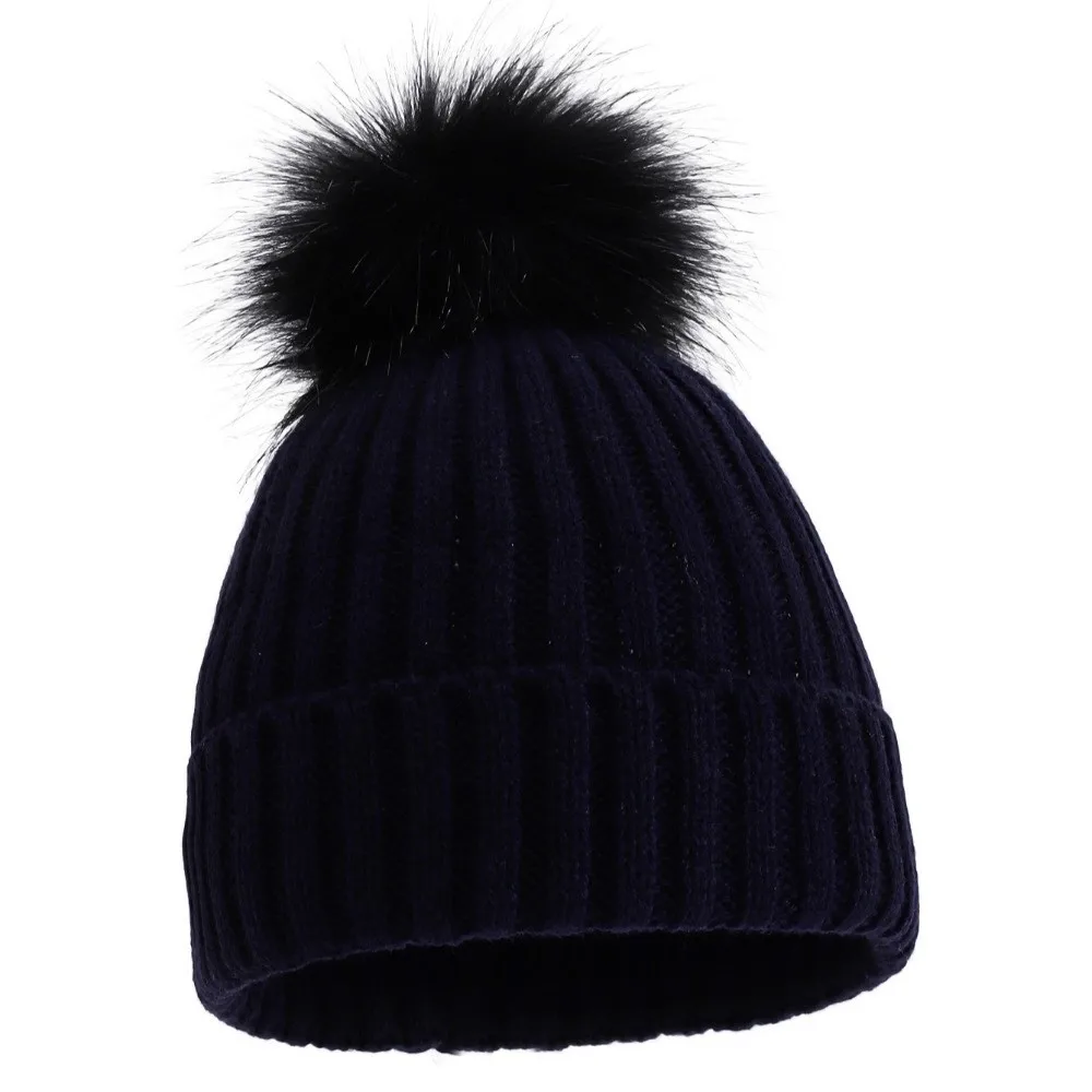 Solid Color Ribbed Knit Beanie Ribbed Knit Single Pom Pom Faux Fur Pom Beanie Faux Fur Windproof Thick Beanie Hat Cold Weather