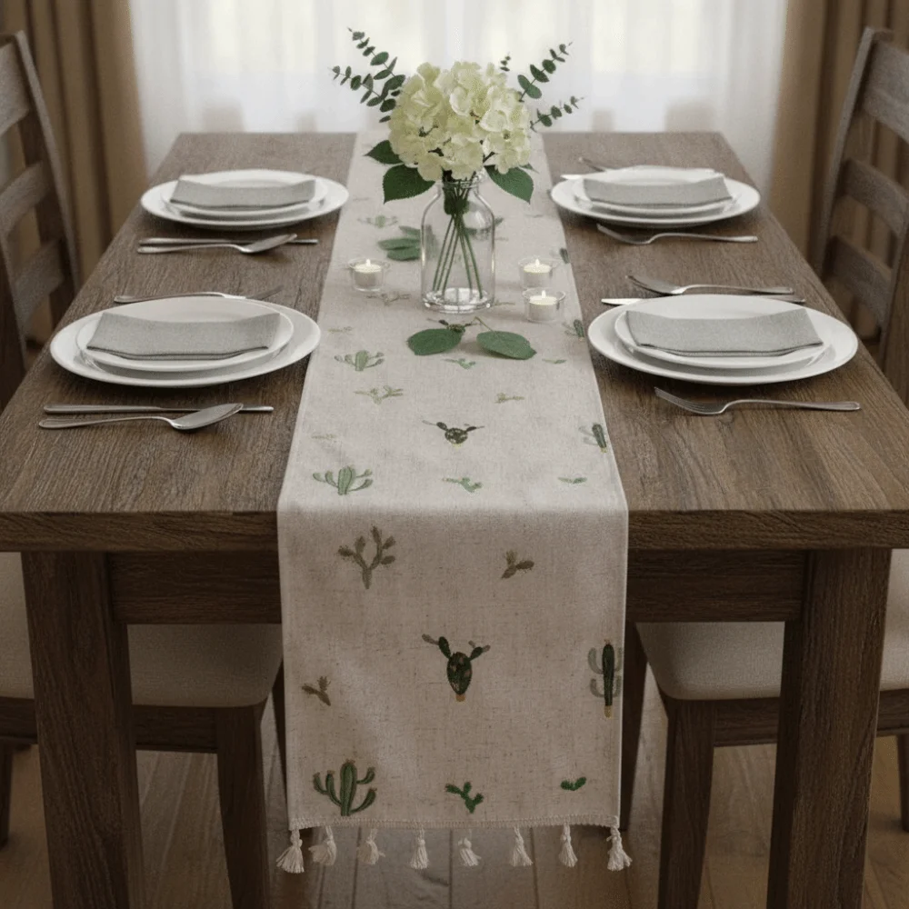 Rustic Style Linen Embroidery Table Runner Flower/Cactus Pattern with Tassel Table Cloth Long Strip Decorative Table Cover