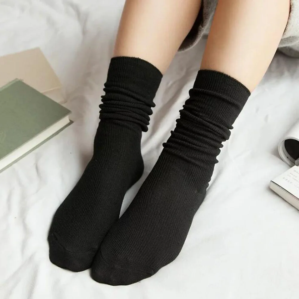 Wine-Red Women's Socks Pile Socks Girls Winter Autumn Middle Tube Cotton Socks Black Gray Kawaii Japanese Style Stockings