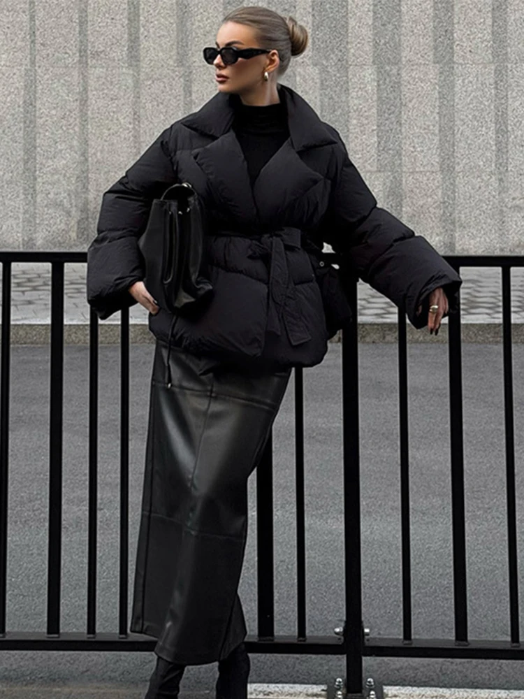 Casacos de algodão elegantes femininos lapela rendas até manga longa com bolso jaquetas curtas 2025 outono inverno engrossar quente senhora outerwears