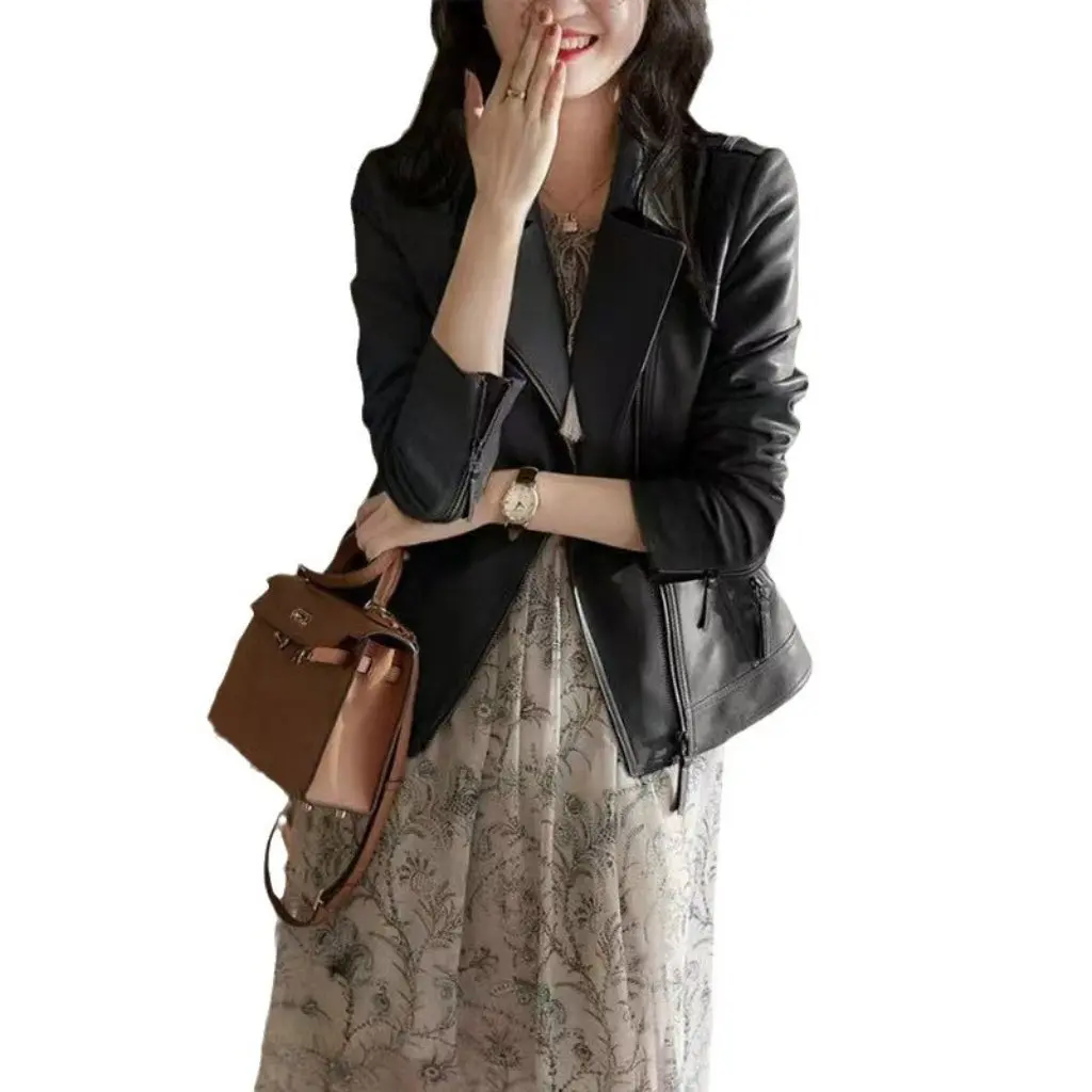 

Haining Factory Direct Sheep Leather Long Sleeve Slim Fit Fashion Coat for Young Locomotive Style