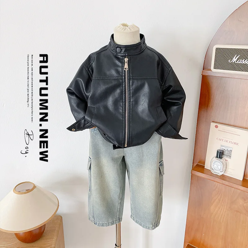 

2025 Autumn New Product Children's Versatile Handsome Locomotive Leather Jacket Boys Girls Personalized Stand-up Collar Jacket