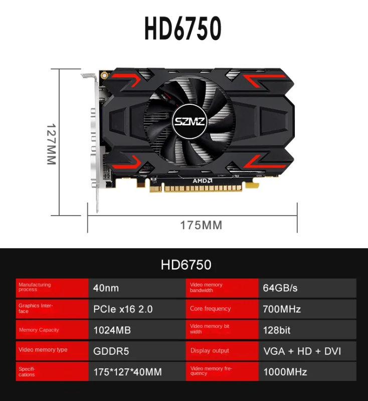 単一のファンを搭載したHDグラフィックスカード,モデルdhd6750,1GB,vgaによる自動冷却