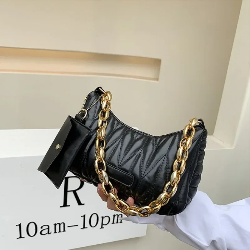 Quilted Ruched Crescent Bag, กระเป๋าสะพายโซ่แฟชั่นกระเป๋าถือผู้หญิงพร้อมกระเป๋าใส่เหรียญสําหรับฤดูร้อนทุกวัน