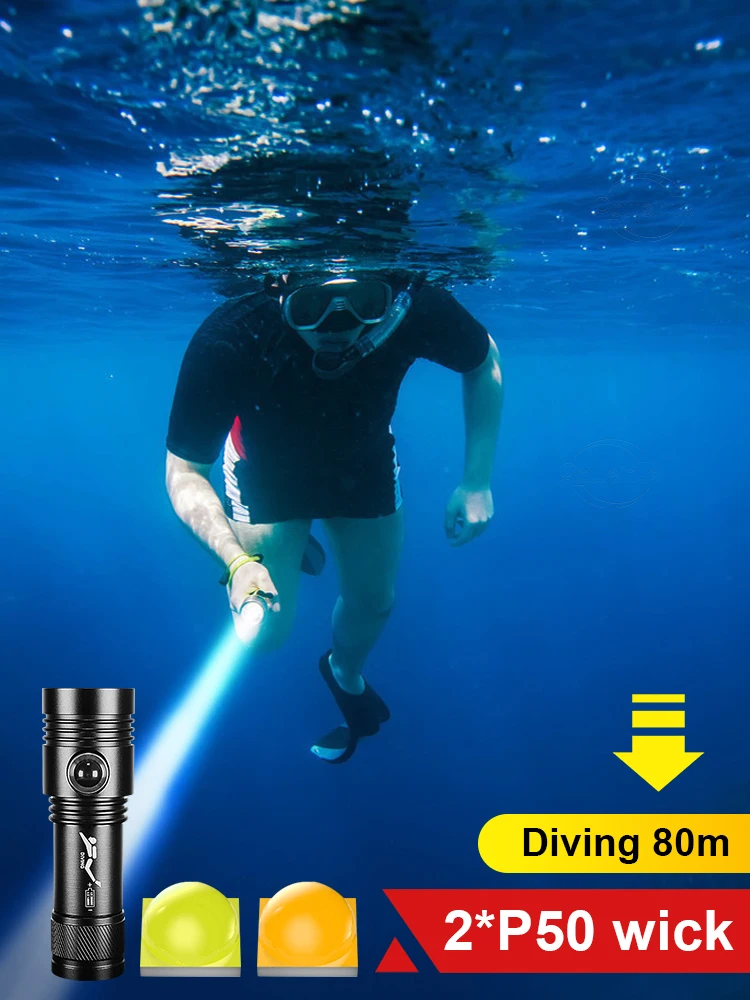 

Профессиональный фонарь для дайвинга с двойным источником света P50 LED, подводный дополнительный светильник, водонепроницаемый фонарь IPX8
