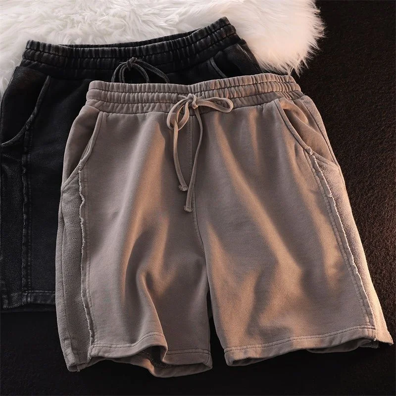 Unisex Distressed Shorts - Elastic Waist Drawstring Loose Fit Side Slit Retro Solid Color Streetwear Summer Casual Sports Shorts