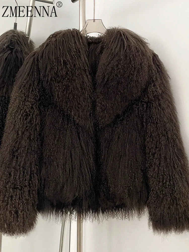 

ZMEENNA Dark Brown Curly Lambswool Faux Fur Coat For Women Stylish Shaggy Oversized Cropped Jacket Cozy Warm ZM4050