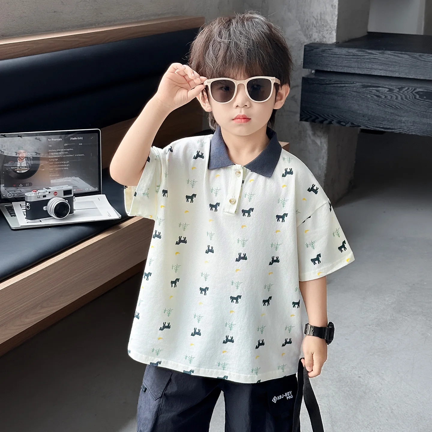 New Style Boys Cartoon Little Horse Print Polo Shirt, Summer Short Sleeve T-Shirt Kids Casual Breathable Tops Children Clothing