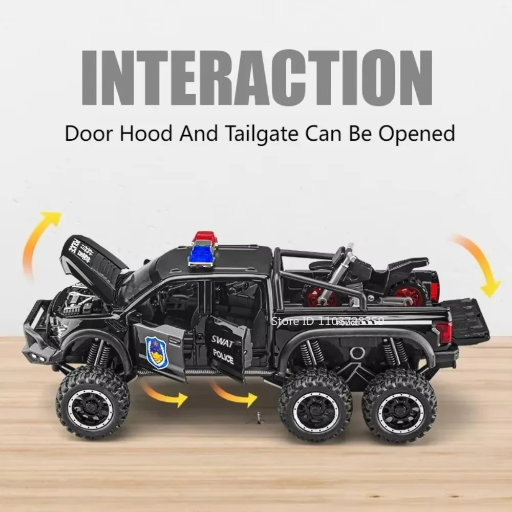 1:28 F150 경찰차 모델 장난감 금속 다이캐스트 X-CLASS EXY 오프로드 차량 사운드 라이트 도어 열림 소년 선물용 뒤로 당겨