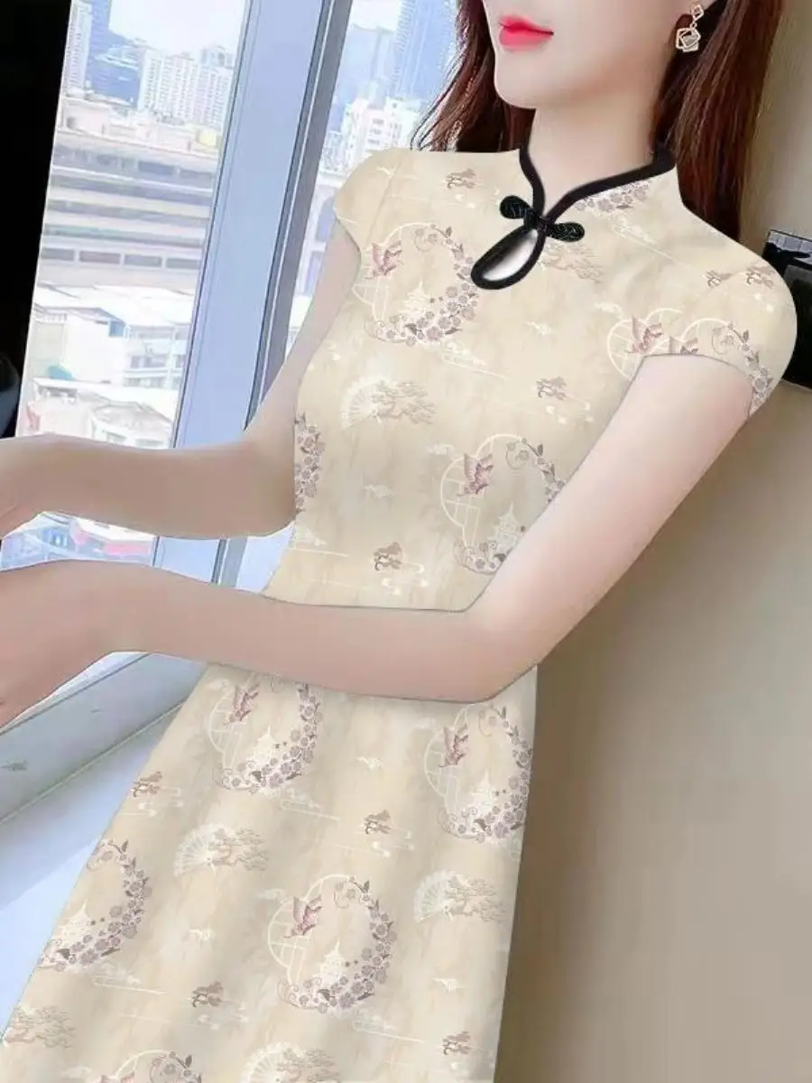 casual-style-long-printed-dress-women's-fashionable-base-layer-necktie-waist-cinching-summer-new-arrival