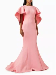 New Arrival Round Neckline Cape-Style Sleeves Satin Mermaid Evening Dress Back Zipper Floor Length Sweep Train Gown For Women