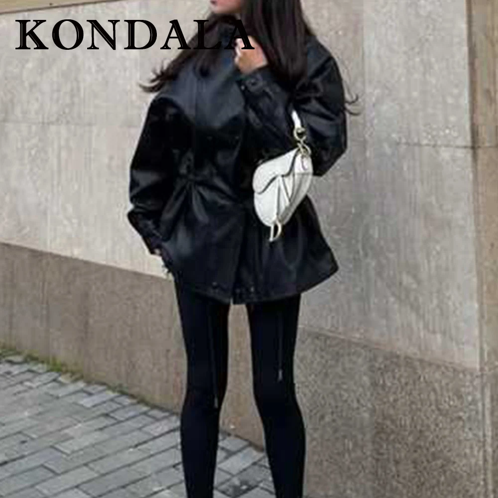 سترة KONDALA النسائية الكلاسيكية المصنوعة من مادة البولي يوريثان باللون الأسود الصلب موضة 2025 ملابس خارجية مزدوجة الصدر معطف طويل للسيدات في الشارع #3