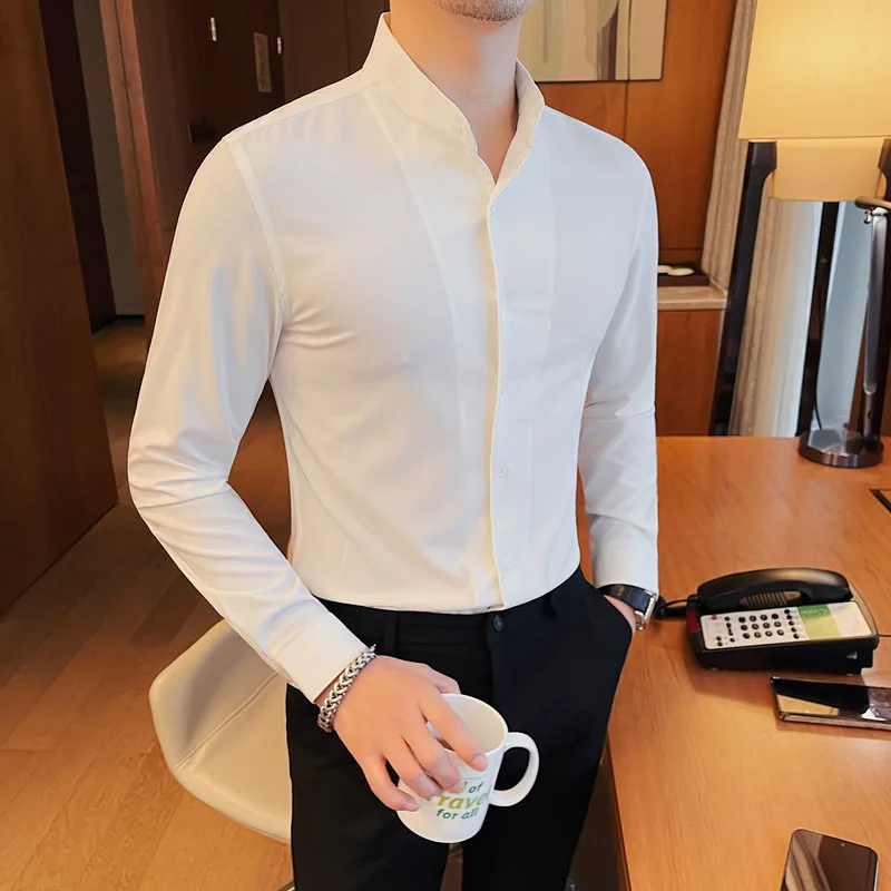 

White Mandarin Collar Complete Elegant Dress Shirts Mens Gentleman British Style Wedding Stylish Clothing Black Stand Collar Top