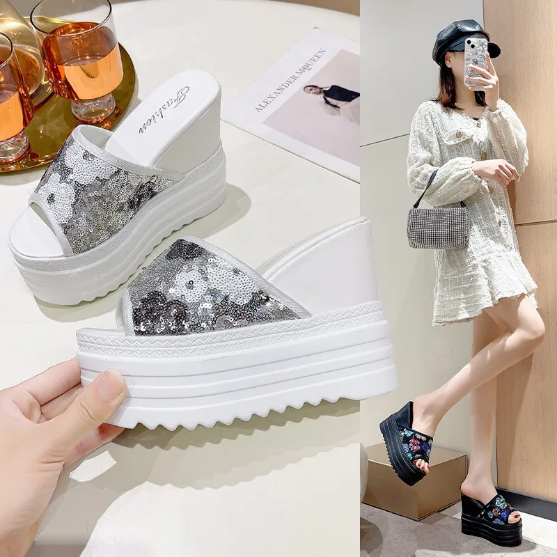 12cm Women's Sequin Slippers Summer 2025 Fashion Wedges with Thick Soles Casual High Heels Shoe Internal Increase Ladies Sandals