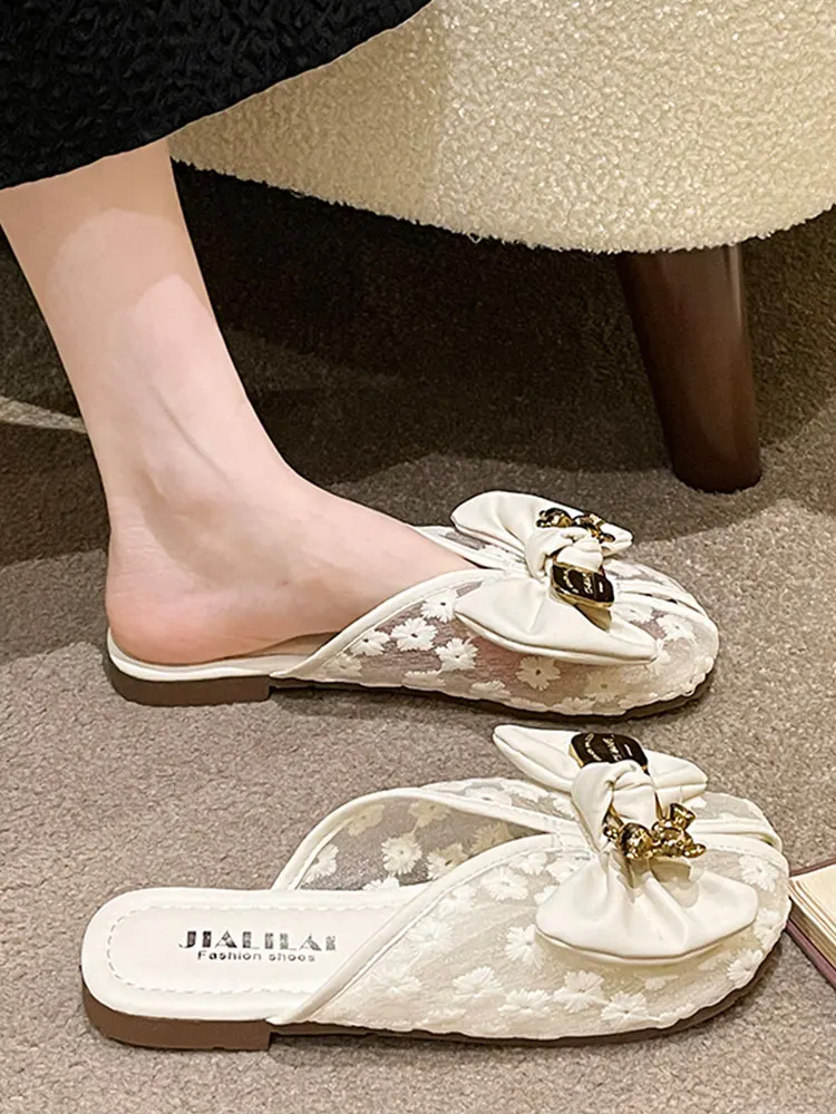 Flat Shoes Female Cover Toe Loafers Slippers Soft Butterfly-Knot Slides Fashion Low Slipers Women Peep Comfort Luxury 2023 Butte