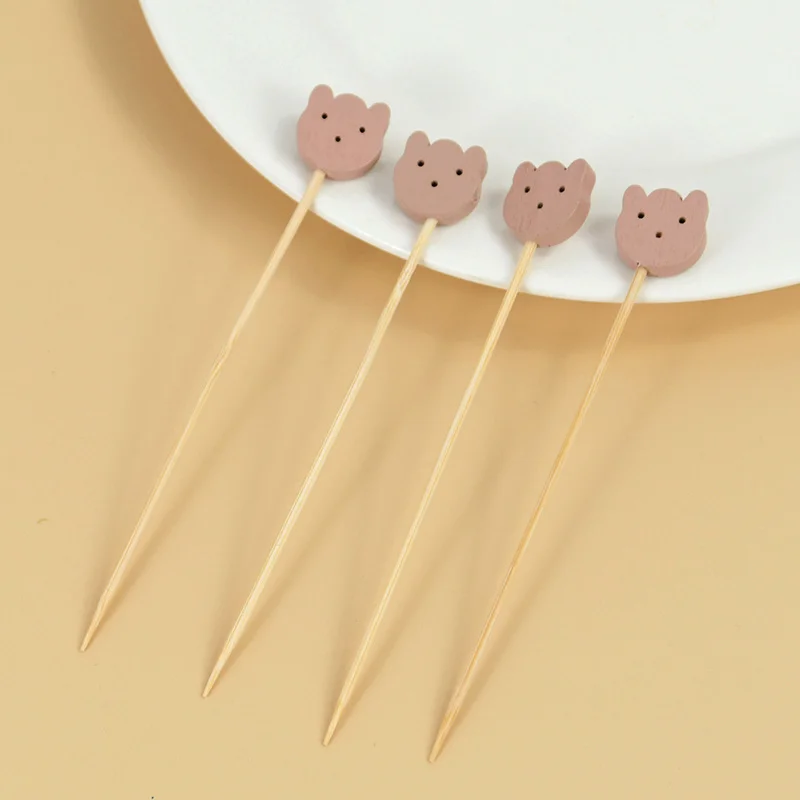 100Pcs Bear Bamboo Toothpicks Cute Art Cocktail Sticks for Fruit Cake Dessert Skewers Party Decoration Supplies