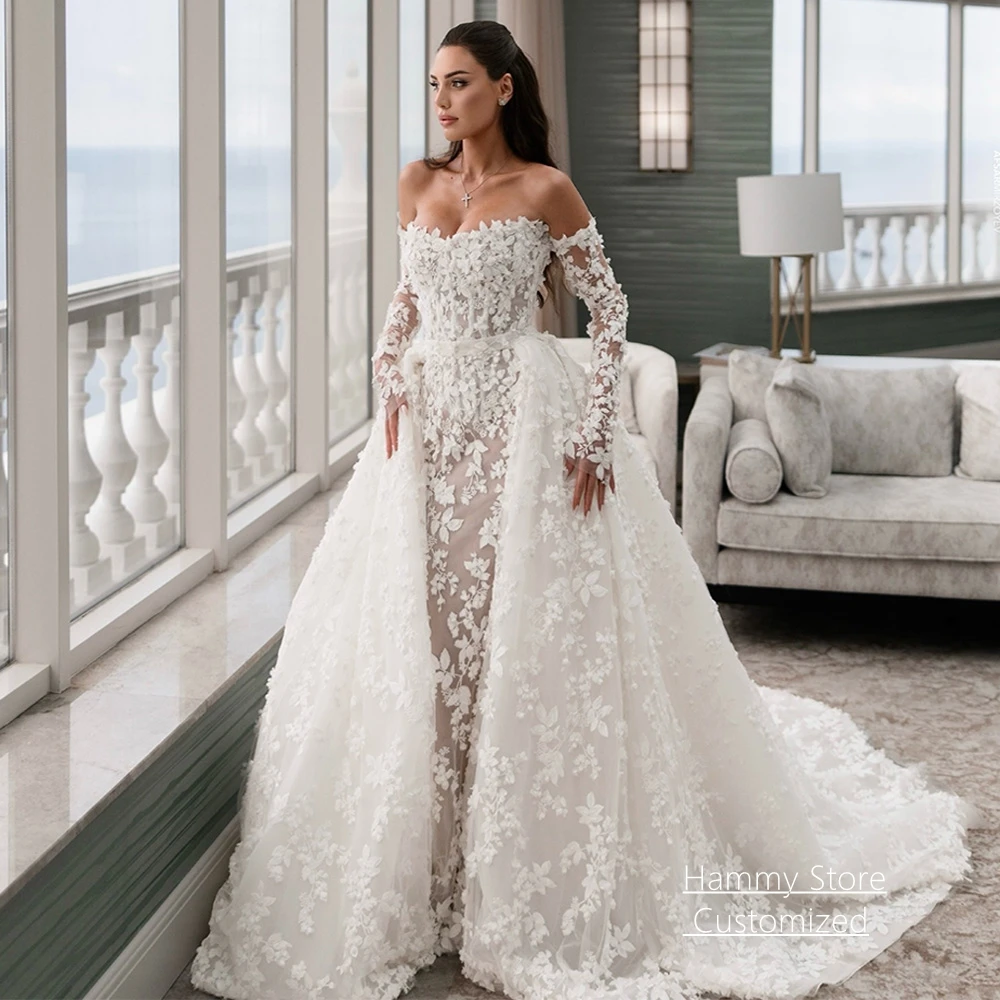 Customized Luxury Mermaid Wedding Dress Detachable Skirt Long Sleeves V Neck Flower Lace Court Train Arab Bridal Gown