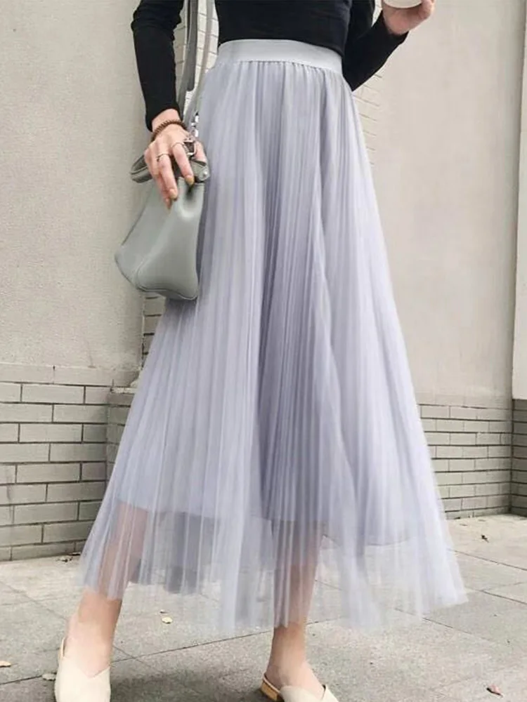 

Pleated Puff Streetwear New Summer Mesh Long Skirt Women High Waist A-line Elastic Elegant Ladies