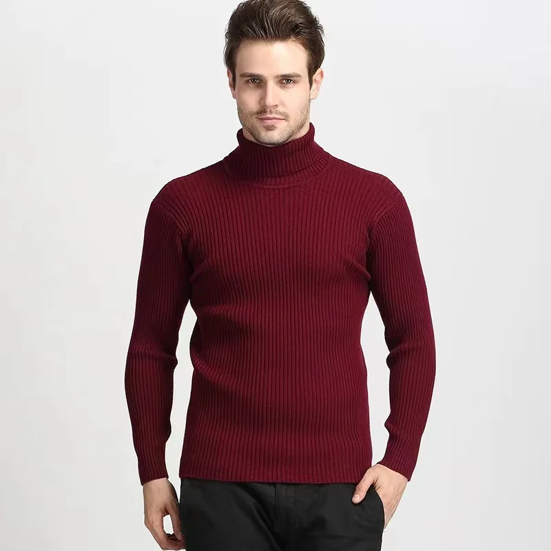 

Autumn Winter Men's High Neck Knit Sweater Casual Solid Vertical Pattern Pullover Men Warm Long Sleeve