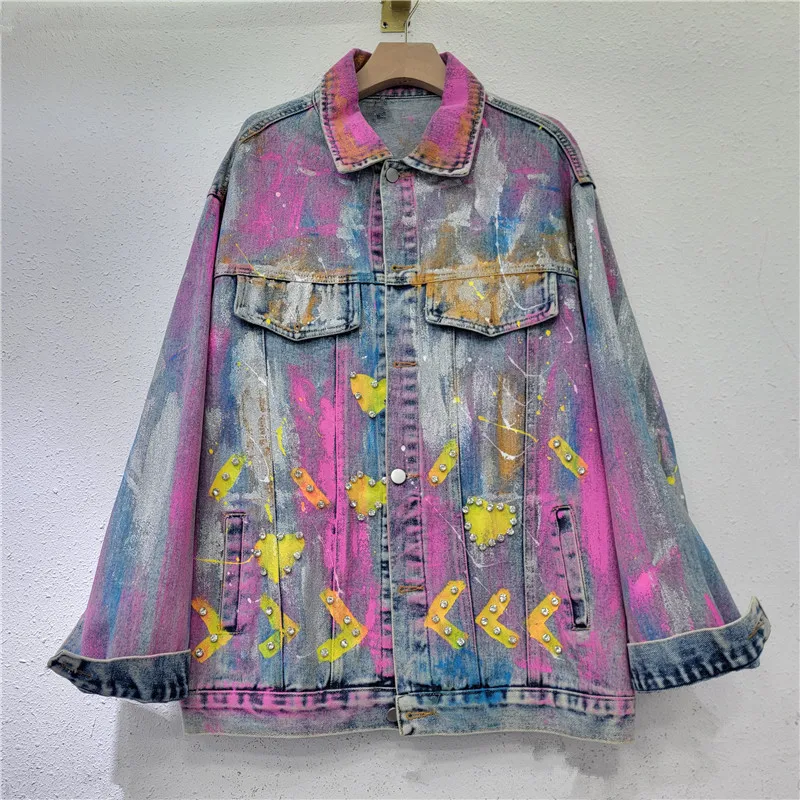 Women Hand-painted Graffiti Denim Jacket Loose Rainbow Tie Dye Jeans Coat Back Diamonds Beaded Heart Shaped Cowboy Cardigan Tops