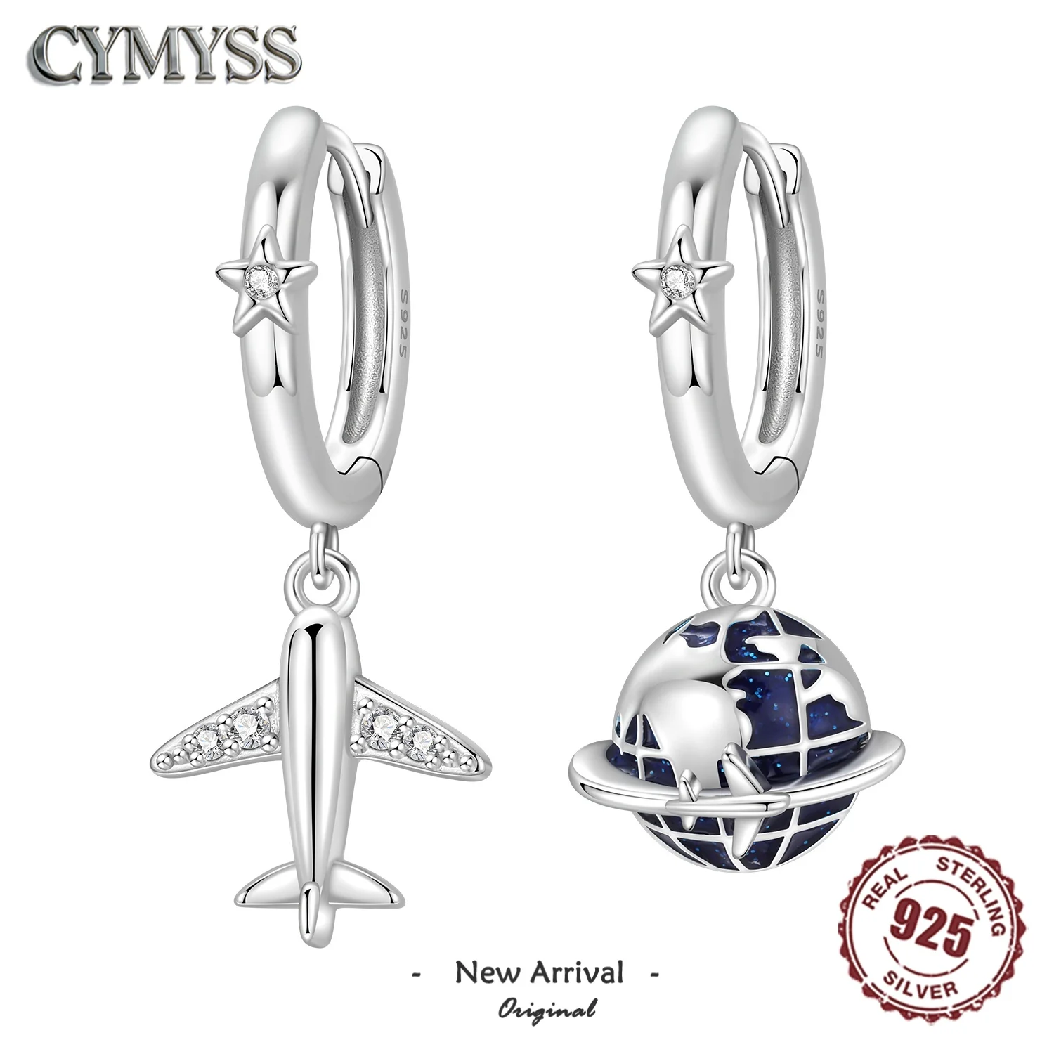 S925 Sterling Silver Asymmetric Airplane Globe Dangle Earrings Travel Vacation Themed Star Zircon Hoop Earrings for Women Gift